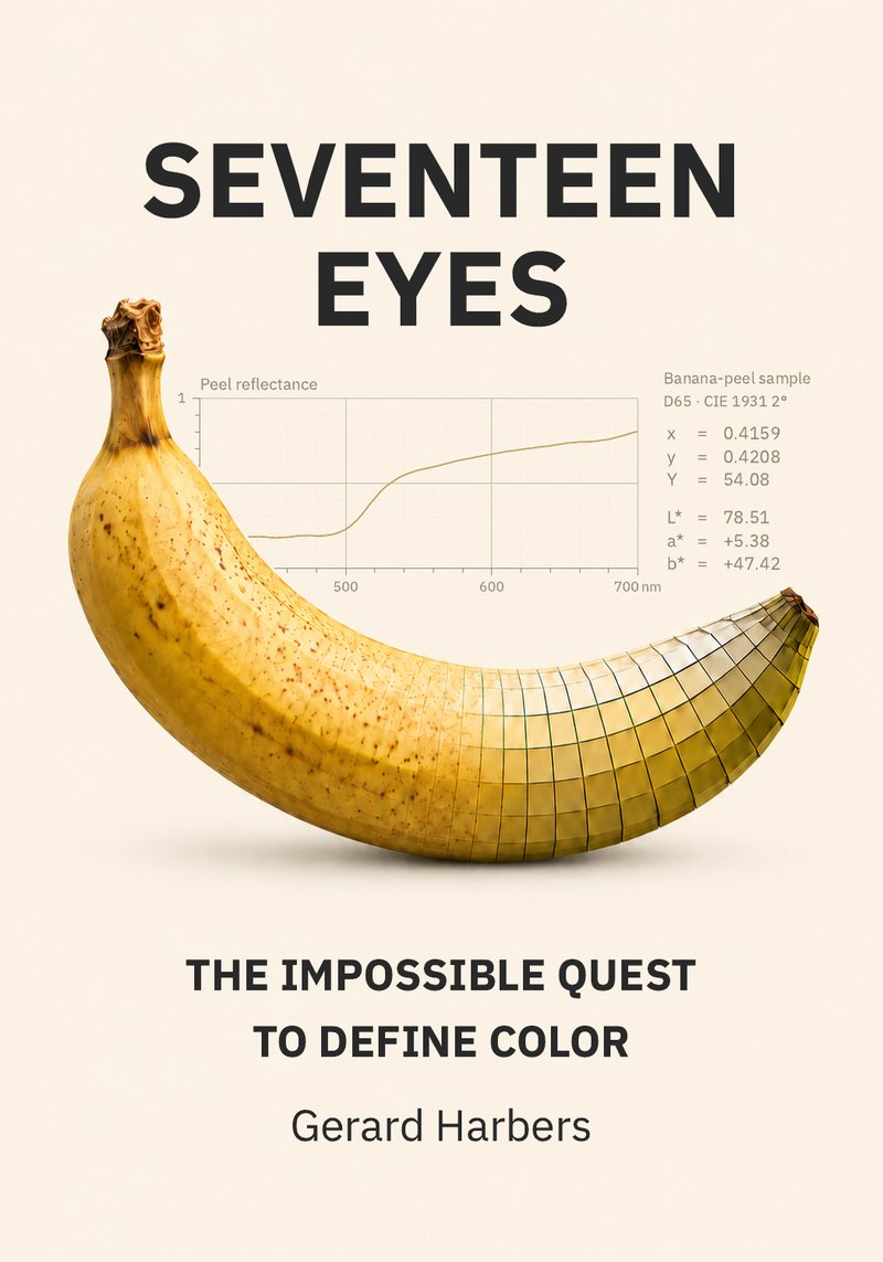 Front cover of Seventeen Eyes by Gerard Harbers: a banana on a cream ground, with a peel reflectance curve behind it.
