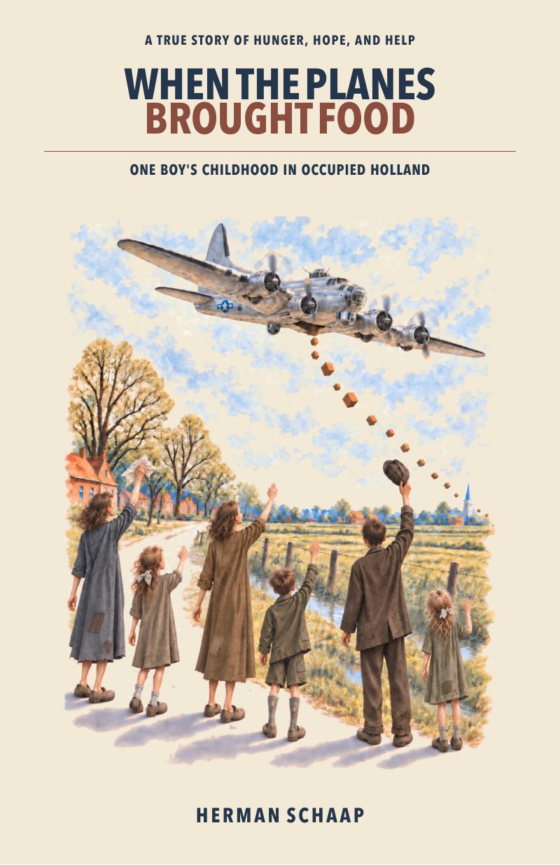 Front cover of When the Planes Brought Food: a watercolor of a B-17 bomber dropping food packages over a Dutch country lane, where children and adults look up and wave.